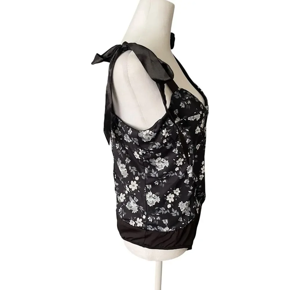 NWT Lulu's Womens XL Bodysuit Tank Top Tie Straps Black Gray Floral Thong Snap - Picture 9 of 13